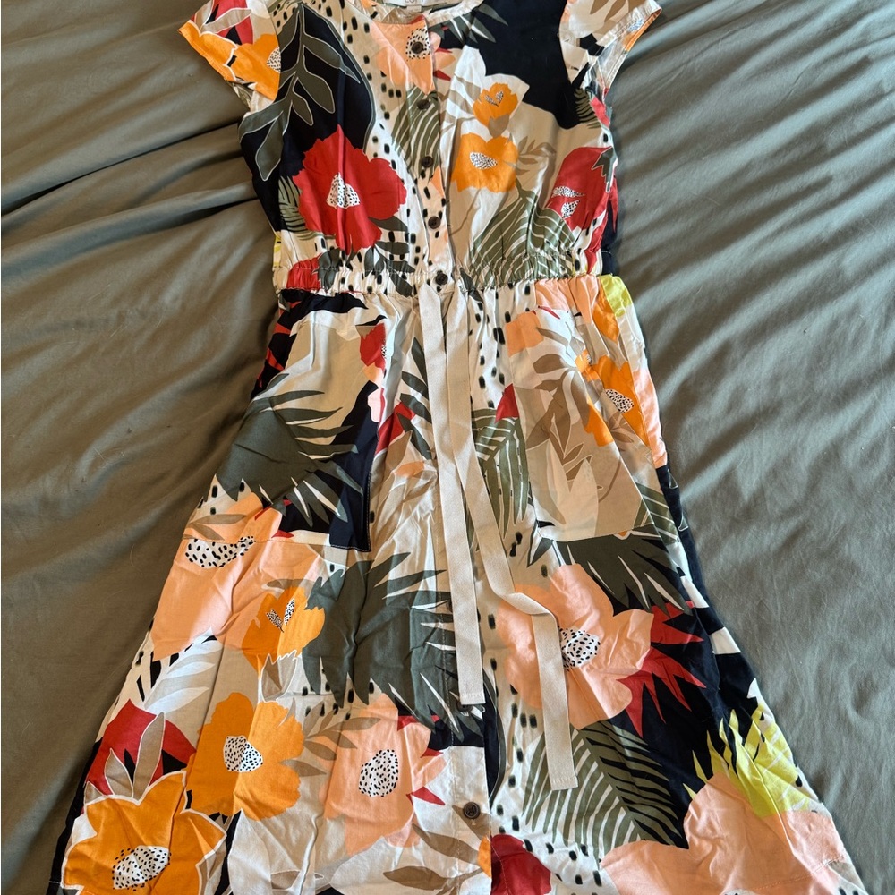 LOFT Tropical Floral Button-Front Midi Dress in Black, Red, Yellow, Pink, Green